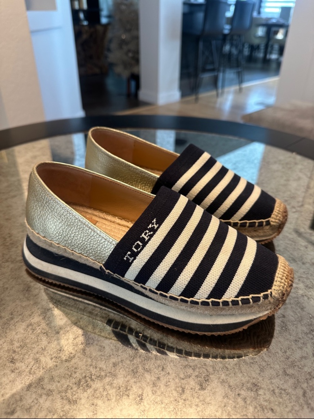 Tory Burch Navy & Cream Striped Espadrille with Metallic Gold Heel